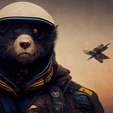 A pseudo-illustration of a grizzly bear pilot of the Bear Space Force looking into the camera.