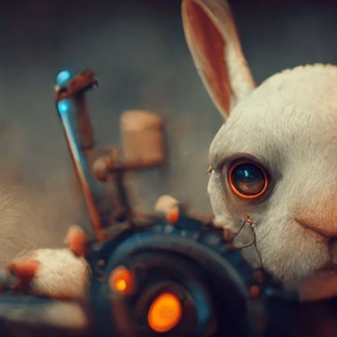 A pseudo-illustration of a rabbit mechanic in the Bear Space Force looking into the camera.